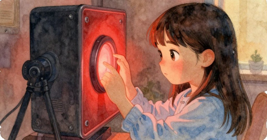 從Glynis背後看，她正調整放大機的焦距，紅光下印片顯現微光，新舊記憶交織的時刻。