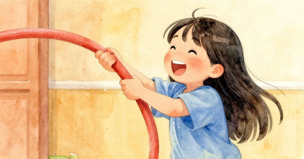 Glynis被水管纏住踝部，面露調皮笑容，迅速解開纏結，動作生動，氛圍溫暖且富有趣味。