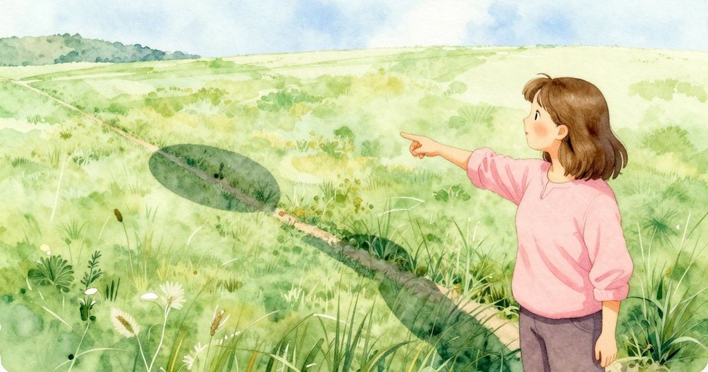 伊莉絲指向遠處田野, 透過籃子看見圓形氣球影, 斜切樹籬與自然光交織, 營造寧靜氛圍