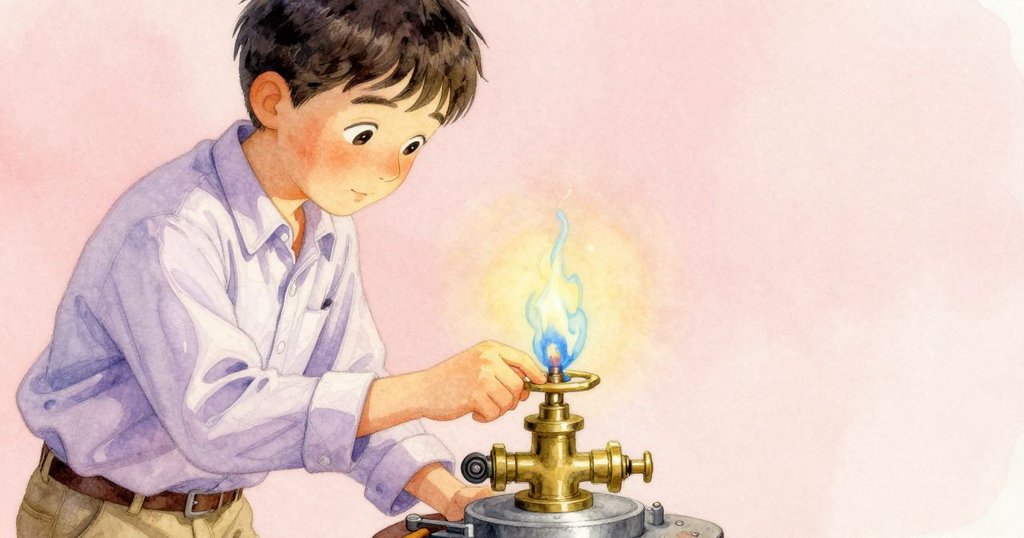 加納輕觸銅閥, 藍色火苗短暫竄出, 展現因果細節, 籃子內暖色背景襯托動作