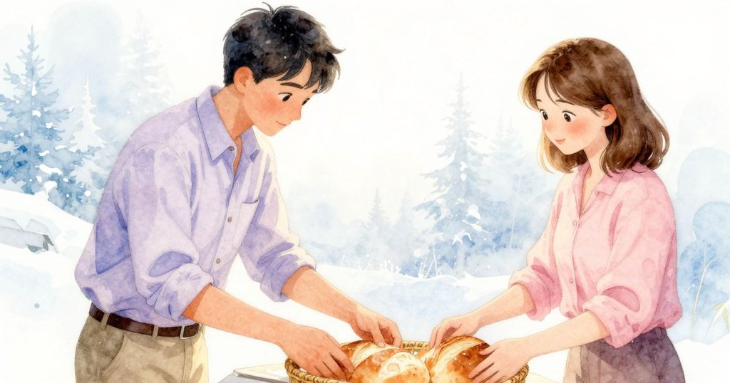 加納細心調整麵包, 伊莉絲溫柔微笑, 籃子內呈現寧靜安穩的氛圍, 展現故事和平結局