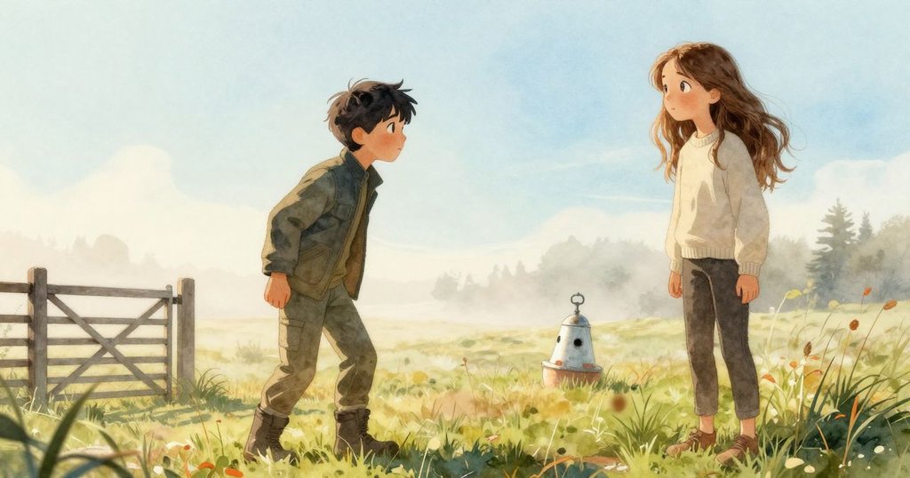 肯特站在被晨霧籠罩的草地上，用手輕觸老舊木門上的繩索，背景中諾拉若隱若現，展現疑惑與期待