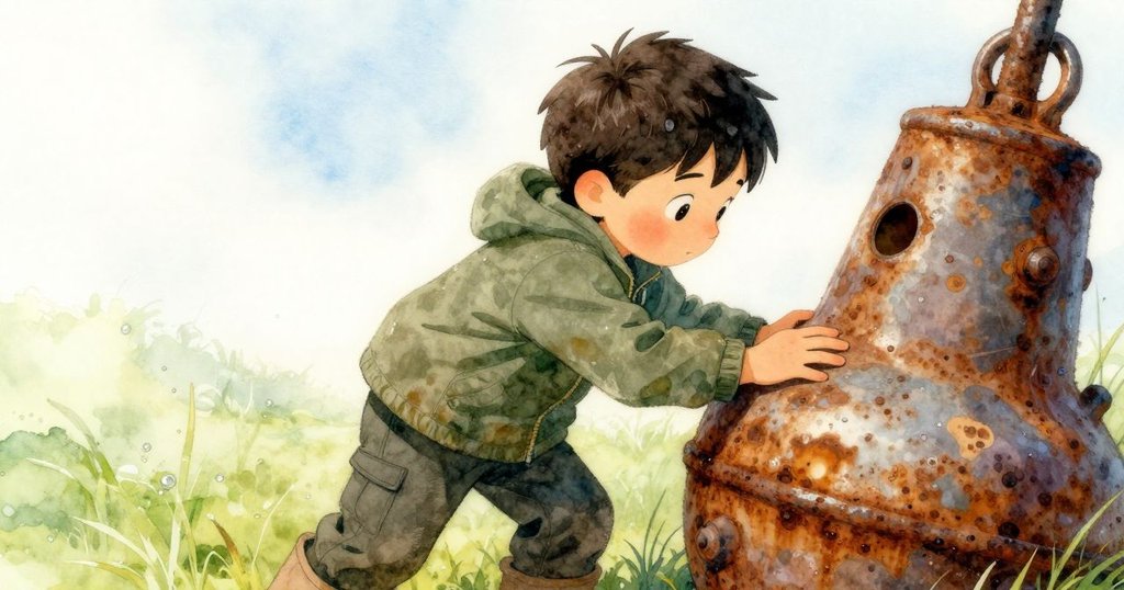 肯特專注觸摸生鏽鈴鐺的邊緣，懸垂的繩索與背景中廣闊露珠草地交織出晨霧中的神秘感