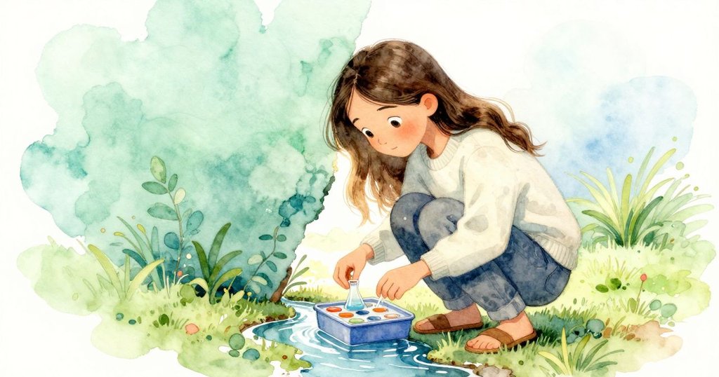 諾拉蹲在流水邊，透過隙窗專注將沉澱倒入玻璃瓶中，她的表情充滿探索與專注，展現自然奧秘