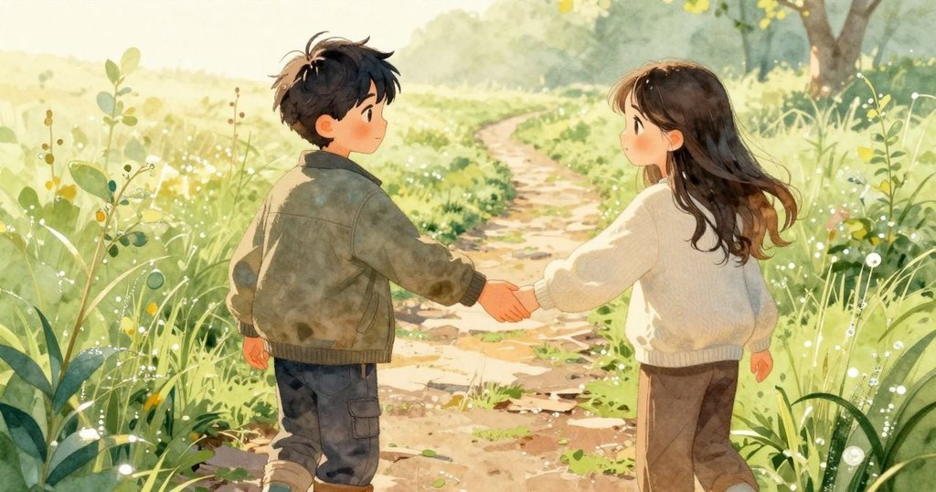 肯特與諾拉並肩走向小徑，彼此輕觸流露出理解與溫暖，陽光下的草地閃爍著露珠，氣氛和諧