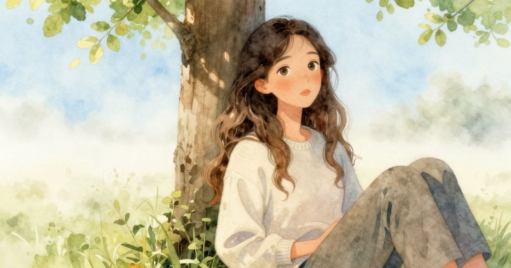 諾拉靜靜依靠老舊木柱休憩，柔和晨光中雲霧漸散，她的表情平和而充滿反思，展現寧靜氛圍