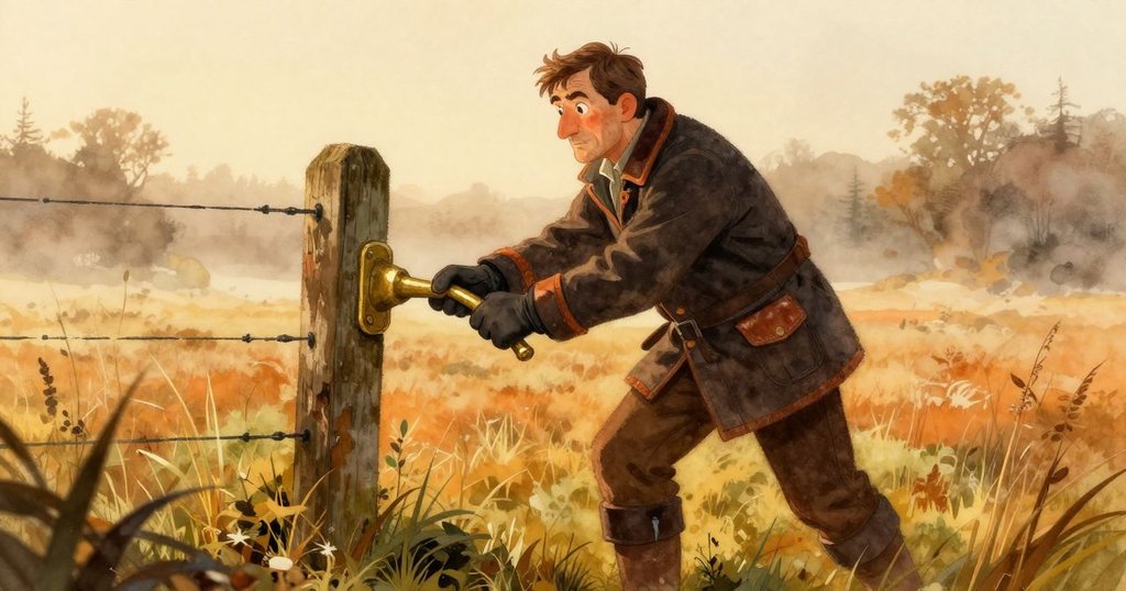 加雷斯在晨霧中調整老舊籬笆上的杠杆,表情專注,天邊微光映出露水與古舊機械