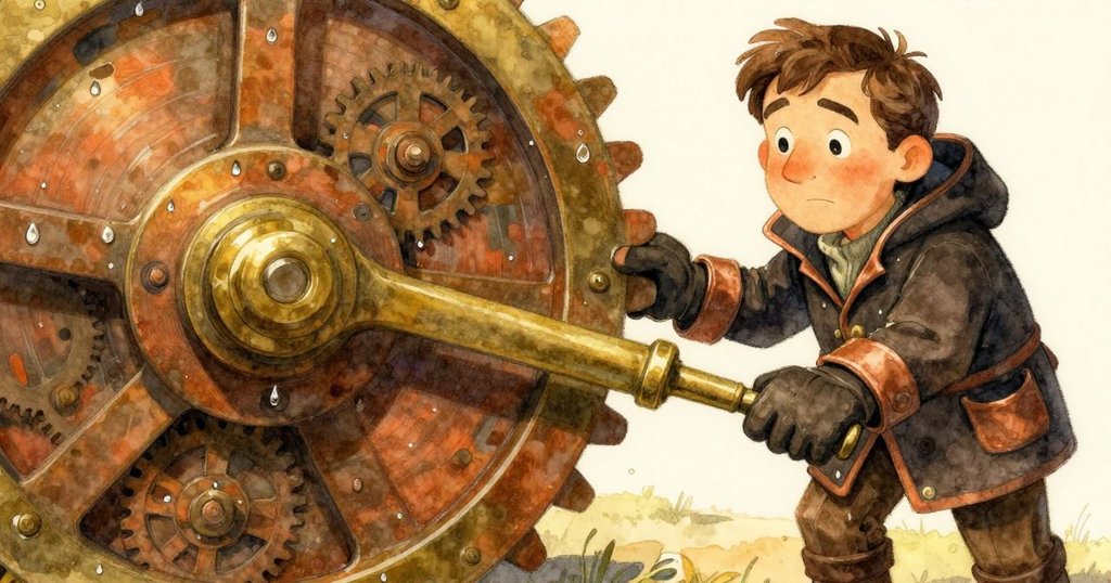 聚焦在鏽蝕的銅杠杆及細節豐富的齒輪,水珠點綴,晨光微暖,富有神秘感