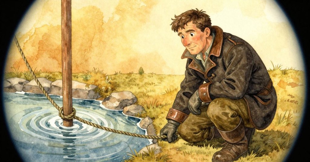 加雷斯蹲身觀察水流在地上蜿蜒流動,繩索連接小旗杆,景深失真,情景緊張