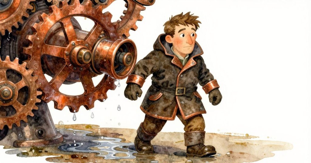 旗杆上水珠滴落,齒輪運轉展現微妙光影,水面倒影增添神秘感,營造水中氛圍