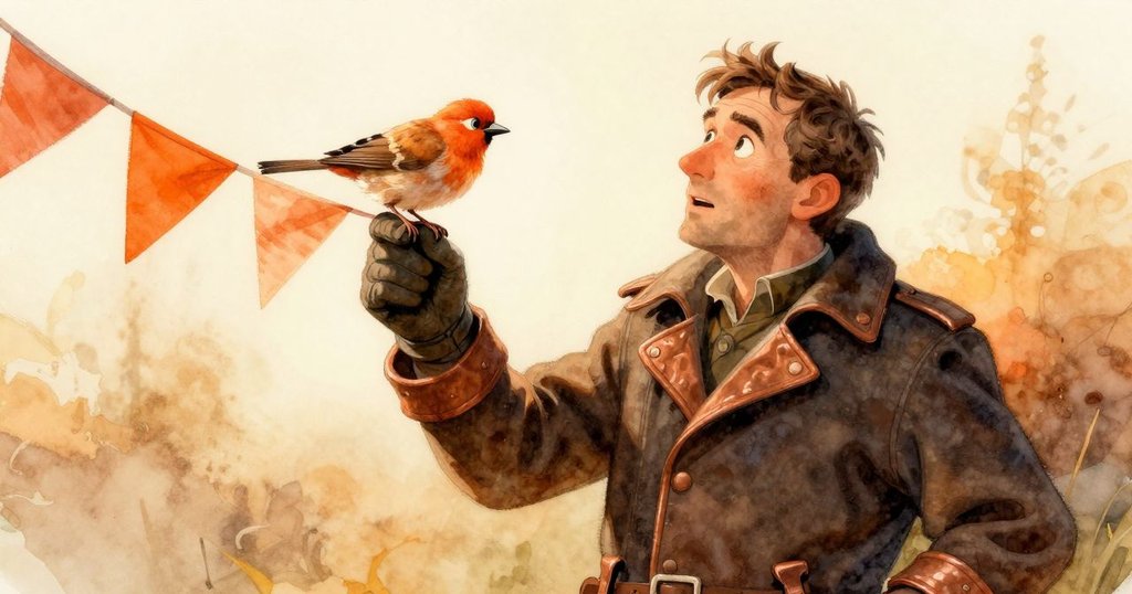 加雷斯吃驚地仰望,一隻肉桂色鳥停在飄動的橘色旗幟上,霧中光線柔和