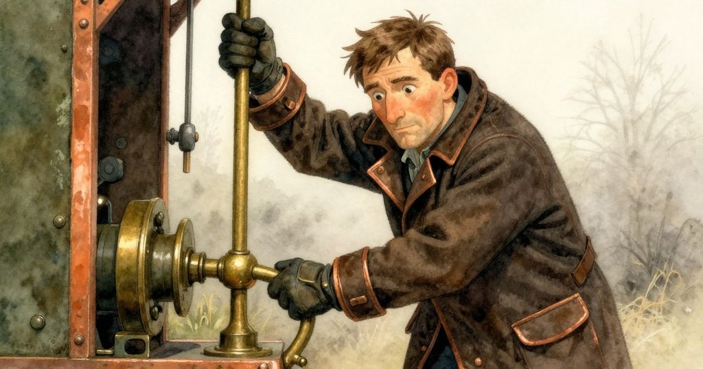 加雷斯輕撫銅杠杆,機械發出柔和響聲,迷霧中旗幟垂落,如花瓣般寧靜收場