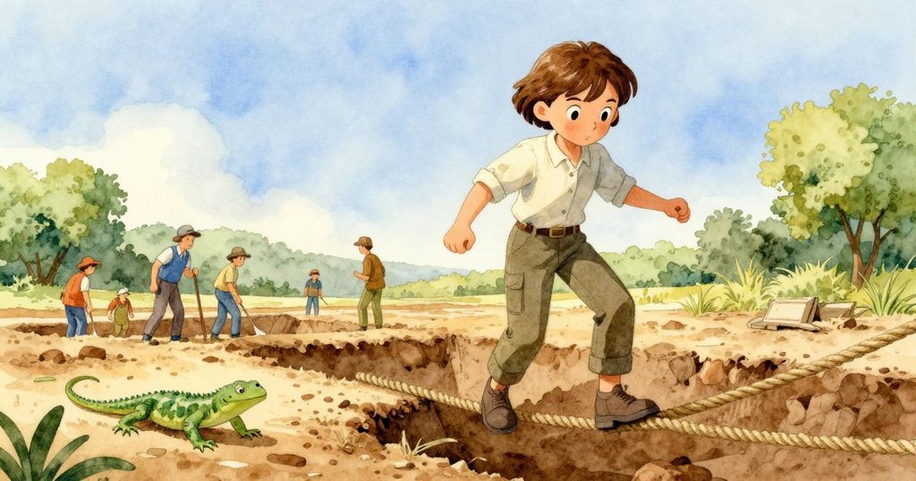 哈里艾特跨過挖掘區繩索, 正在行動, 工地上有其他人和小蜥蜴, 戶外挖掘現場熱鬧, 表情堅定