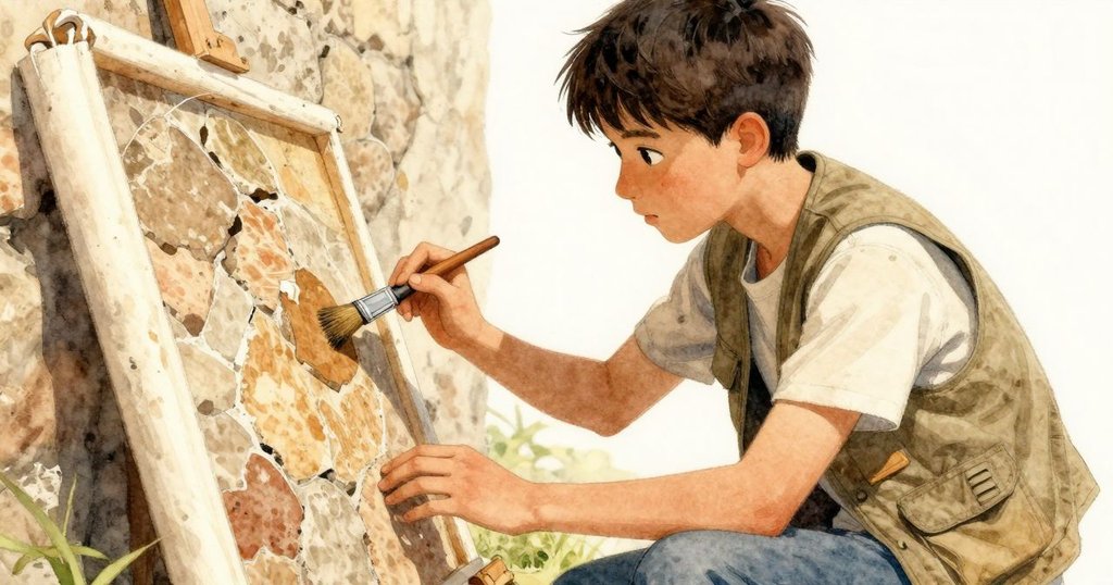 布拉姆彎膝仔細刷石板, 展現古老紋理, 附有畫布和工具, 細節豐富, 表情專注