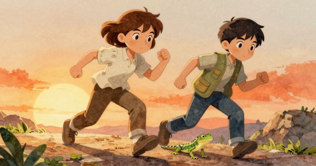 蜥蜴視角下, 快速穿越石板, 著眼溫暖陽光, 充滿速度感, 地面有微塵軌跡, 氣氛活躍