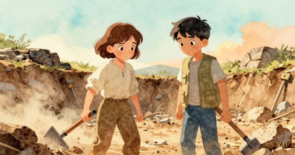 正午陽光下, 挖掘現場散落工具, 塵埃飄揚, 哈里艾特與布拉姆共同工作, 場景充滿熱情與專注