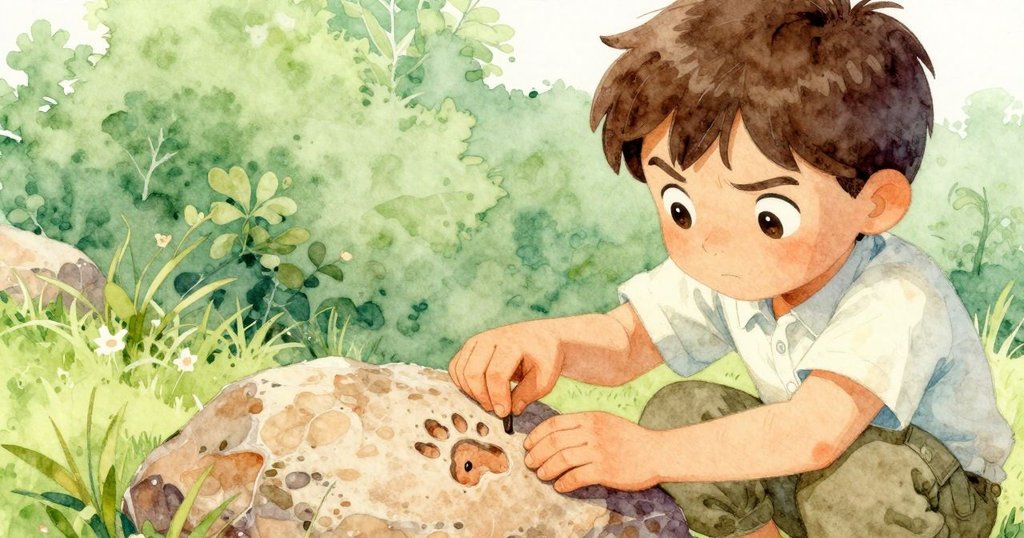 哈里艾特發現石面上微小彎曲刮痕, 輕觸爪痕細察, 表情充滿好奇與謹慎, 細節豐富