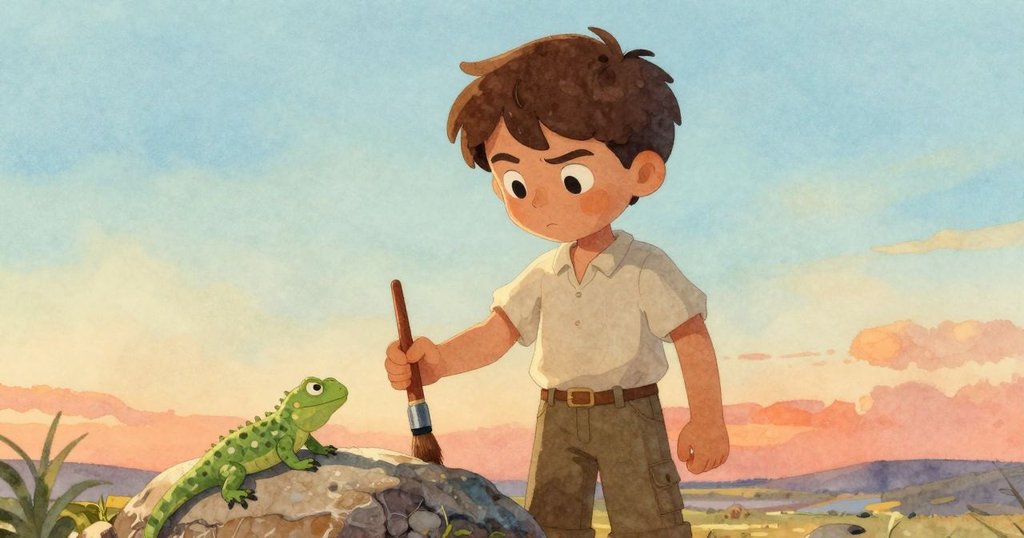 傍晚光線中, 哈里艾特輕放刷子於石板旁, 蜥蜴在旁曬太陽, 目光遠眺新方向, 表情沉思且充滿希望