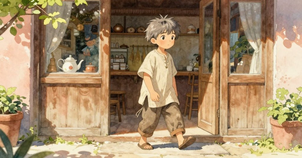 Nestor 穿過木質門檻進入茶館，外景充滿溫暖金色光影與自然綠意，展現踏入新境的期待與溫馨情緒