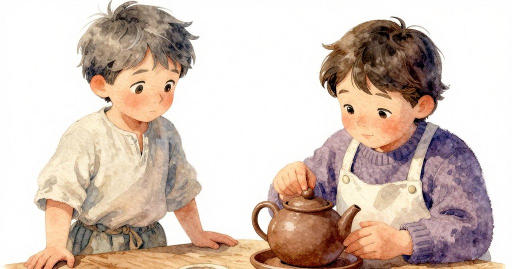 近距離展現陶壺粗糙黏土質感與斑駁色澤，背景燈光柔和，細膩呈現茶館溫馨典雅氛圍