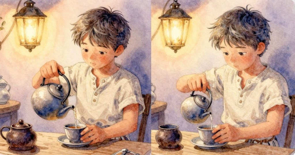 分格畫面展現茶湯急流與細察茶色兩相映照，左邊動感沏茶，右邊沉思檢視，情緒由動到靜自然轉換