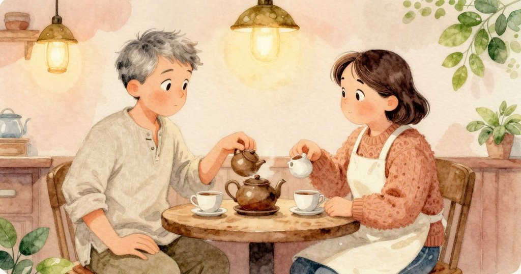 Nestor 與來訪者在茶館內親切交談，彼此凝神欣賞茶湯濃郁變化，溫暖燈光映襯出真摯交流