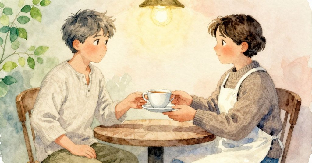 Nestor 輕柔地將茶杯遞給來訪者，茶湯散發淡綠光澤，彼此動作中流露出關懷與默契，茶館氛圍寧靜溫暖