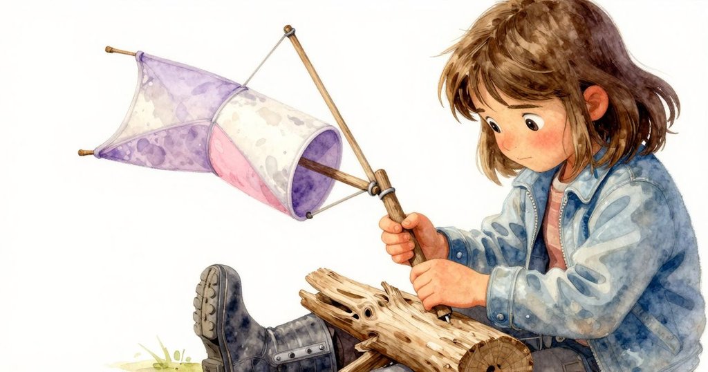 克拉拉在停車車旁專注雕刻木頭，製作風盃和木棒，手法細緻傳達著創造與希望的情感