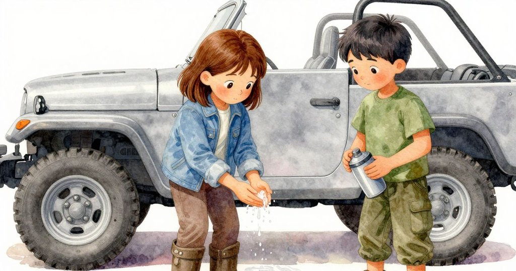 克拉拉與埃弗雷特在車旁共享寧靜時刻，克拉拉洗手，埃弗雷特持著有光芒圖案的水壺，彼此間流露溫情與放鬆