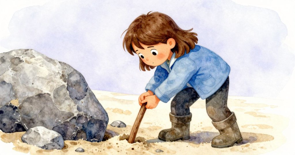 克拉拉在沙丘上操作木棒時意外觸碰隱藏岩石，臉上流露驚訝與緊張，氛圍充滿懸念