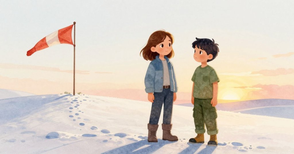 在夕陽餘暉中，風盃與木棒在沙丘上高聳，隨風飄動的帶子和延長的影子象徵著探索與成長的旅程