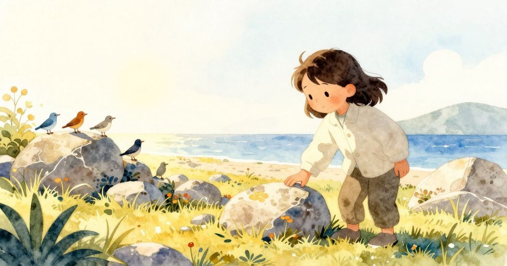 烏爾薩在晨曦中揮動工具耕作，背景為碎石花園，小鳥聚集，展現勤勞與活力的園藝現場