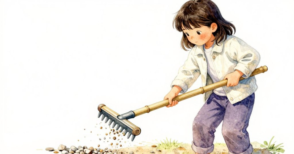 從烏爾薩視角看見竹護領滑動，砂礫細緻流動，展現工具運作中不穩定的瞬間與園藝細節