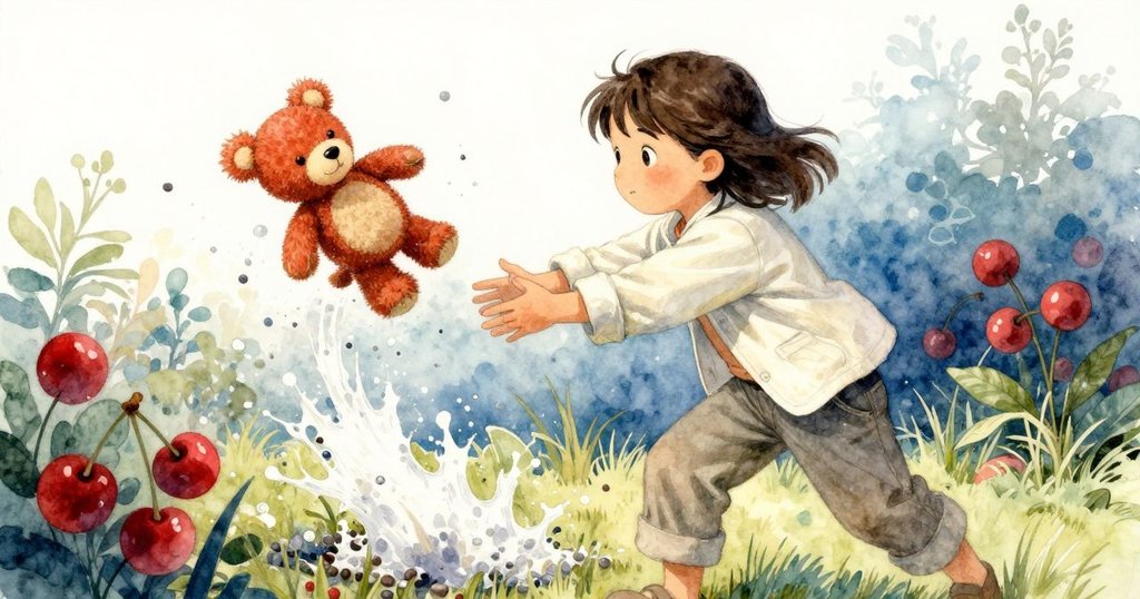 瞬間動態中，砂礫湧出致使布偶墜落，烏爾薩驚愕反應，背景為碎石牆與動感花園，情節緊張而生動