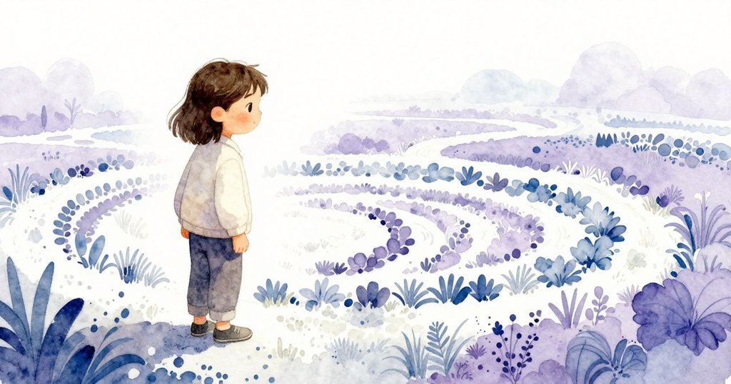 烏爾薩退後凝視花園中不經意形成的紋理，柔和光影下展露深思，展現出對意外美的寬容與欣賞