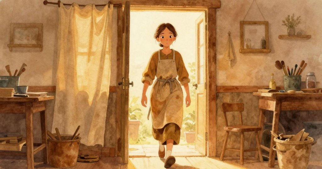 布萊斯穿著簡樸服裝跨入明亮的工作室，肩上掛著亞麻布，面部表情沉穩，早晨光線灑落展現希望氣氛