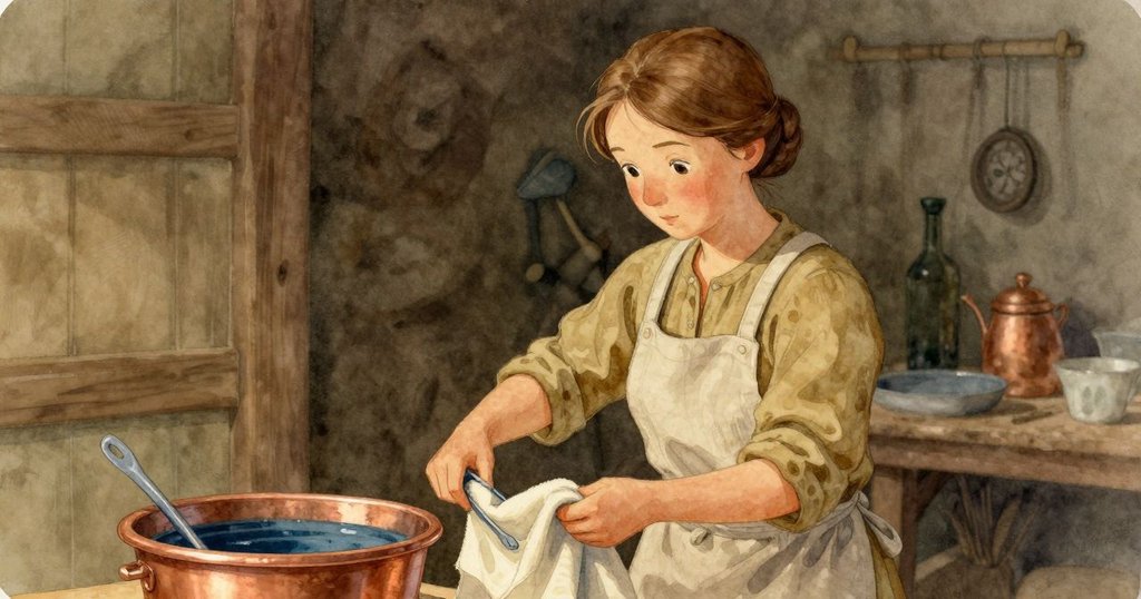 布萊斯在工作室內用木夾小心折疊顫動的亞麻布，細微氣流與靛藍槽形成對比，表情專注有疑惑