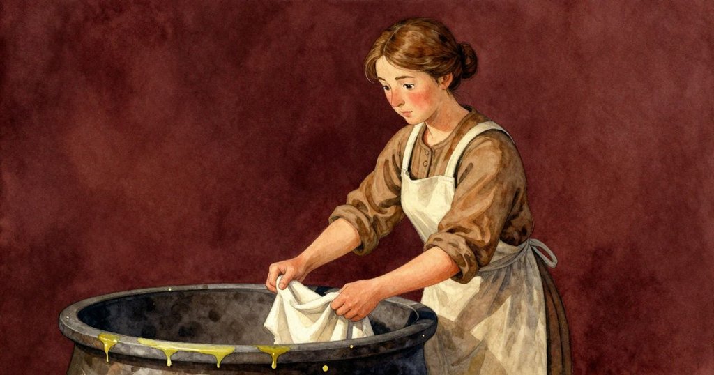 布萊斯從靛藍槽中提起亞麻布，布料部分滴漏黃綠色液滴，場景分割呈現微妙變化與轉化瞬間