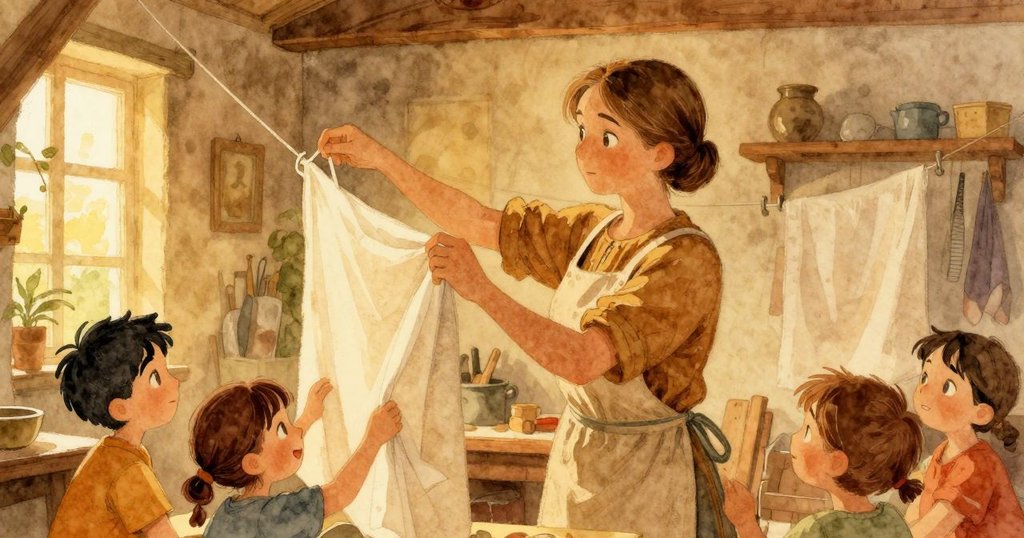 布萊斯在工作室內把變色中的亞麻布掛在架上，布料上浮現藍色斑點，腳上涼鞋有細微藍痕，時間流逝感明顯