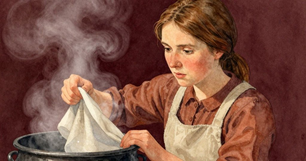 布萊斯專注緊握亞麻布懸於深色槽上，冷霧輕拂手腕，面容透露出緊張與期待，鏡頭特寫情感細節