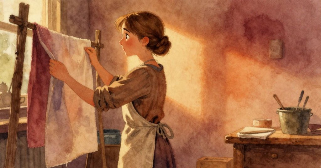 布萊斯在溫柔的暮光中，面帶接受微笑退後欣賞變色亞麻布掛在架上，工作室內充滿寧靜氣息，道別過程