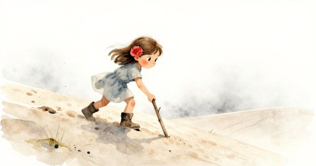 Nora 穿藍衣攀爬沙丘頂部，測量棒斜倚沙面，晨霧中透露好奇與期待，環境氛圍柔和。