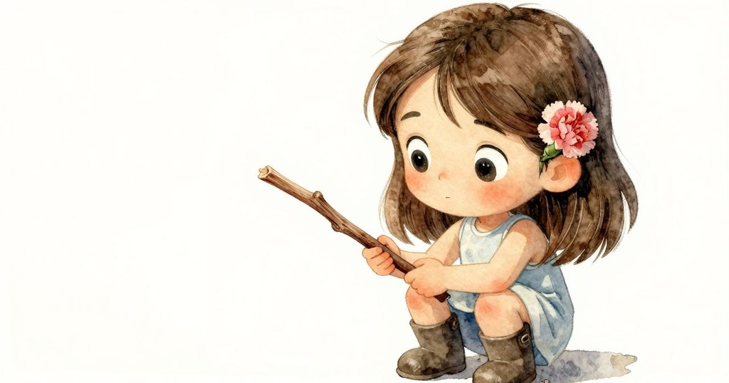 Nora 近距離注視斜放的測量棒，眼神中滿是好奇與疑問，柔和光線突顯細膩面容。