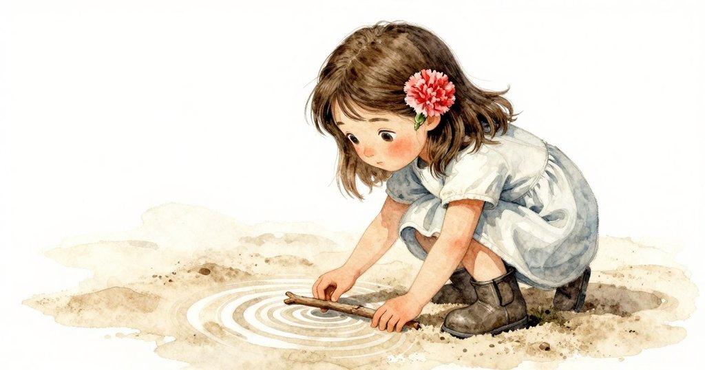 Nora 輕觸測量棒旁流動沙紋，手指細膩感受沙粒動態，場景充滿自然柔和光線。