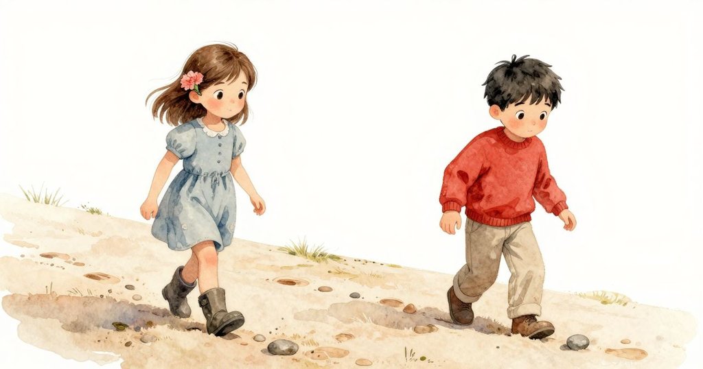 Dale 走進沙丘與 Nora 匯合，腳印依稀記錄足跡，他輕撫光滑卵石，探索沙丘奧秘。