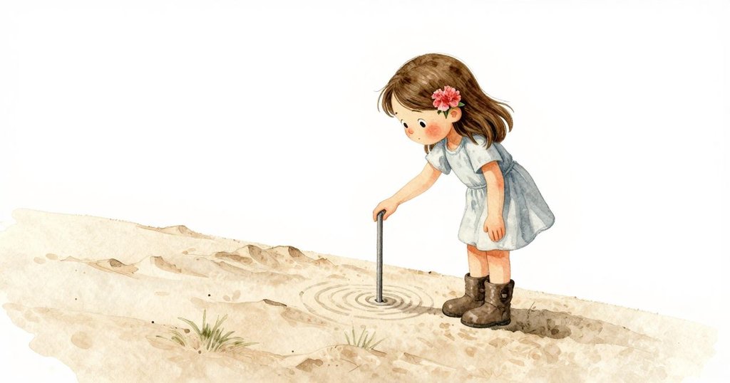 Nora 靜立沙丘頂端，輕觸細微沙浪，默然思考測量棒似在對話，氛圍充滿沉思。