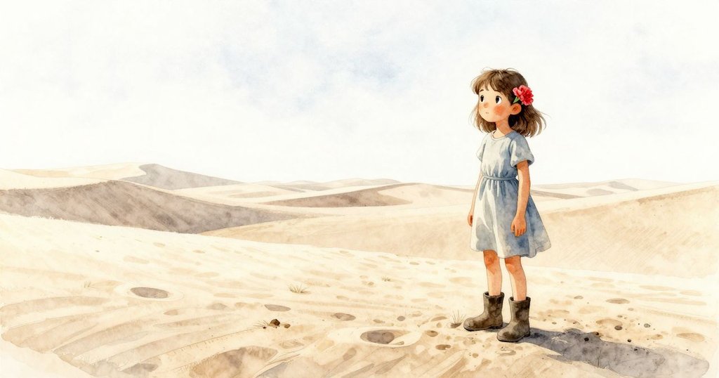 Nora 靜立於延綿沙丘邊，測量棒影子與沙浪交融，晨光柔和中展現寧靜瞬間。