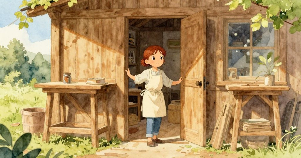 Ada走進雪松門道，踏入木質工作室，柔和晨光灑落，展現期待與寧靜的氛圍，故事開始展開。