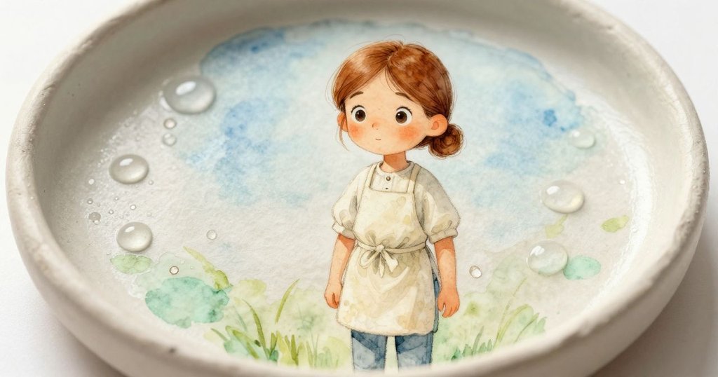 工作台上陶土濕度盤特寫，水珠在柔光中閃爍，細膩展現時間流逝的靜謐美感，增添神秘氣息。