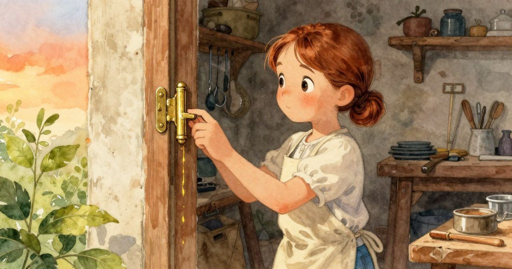 Ada在工作室中分隔畫面，一邊檢查銅鉸上明亮劃痕，另一邊放著工具，神情中透露出疑慮與好奇。